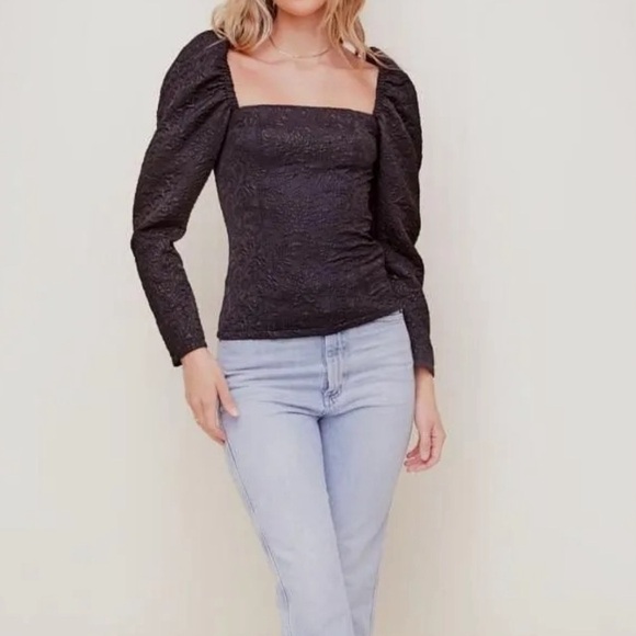 ASTR the Label Remi Puff Sleeve Jacquard Black floral sparkle top women small - Picture 8 of 9